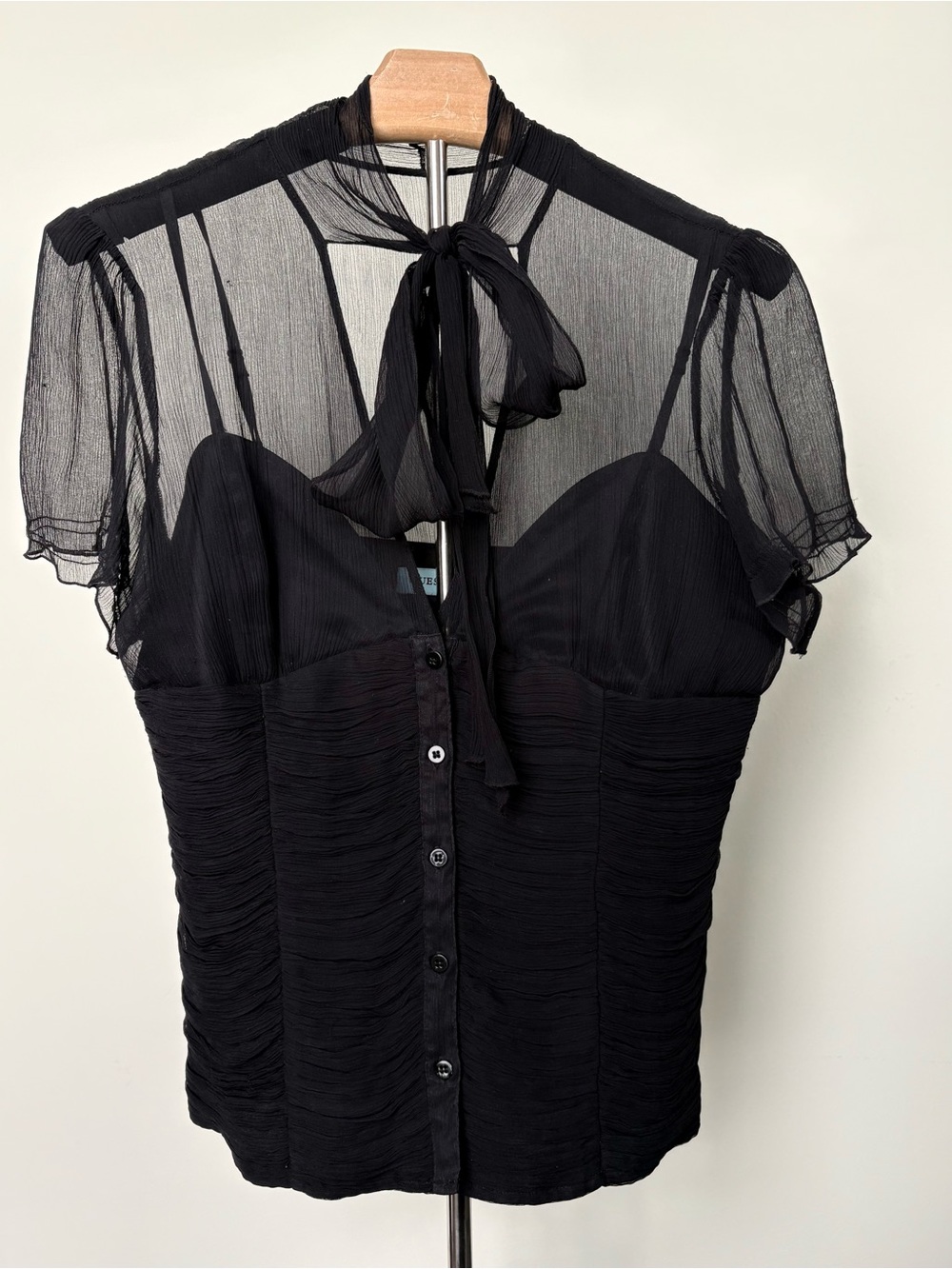 Guess by Marciano Black Sheer Tie-Neck Ruched Blouse - Picture 4 of 9